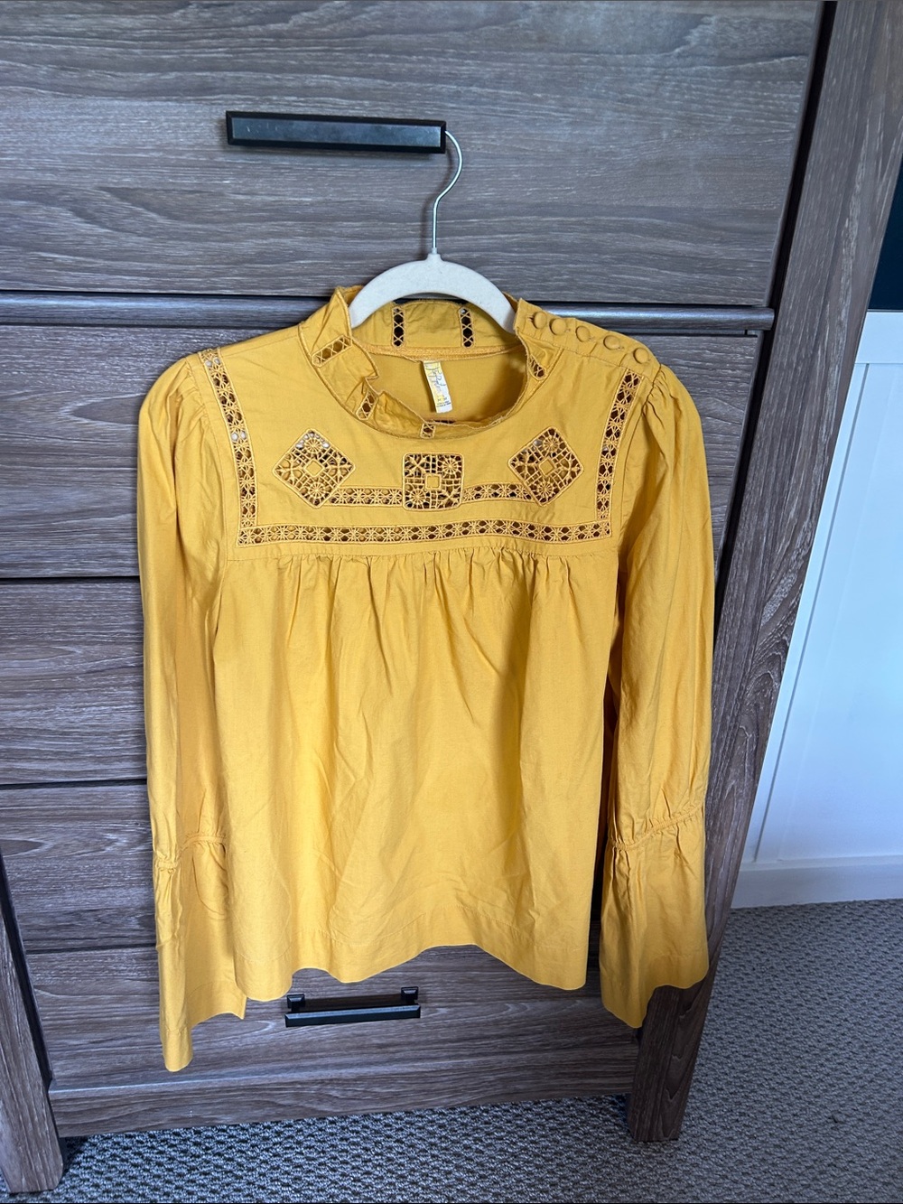 Free People Mustard Yellow Embroidered Bell Sleeve Blouse